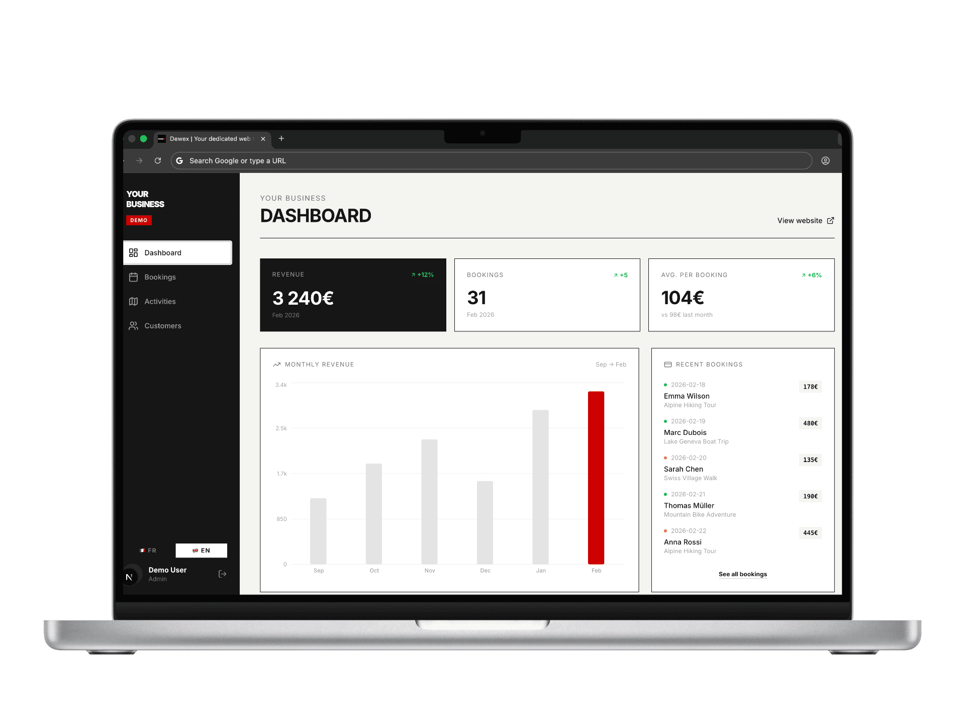 Dewex booking platform dashboard