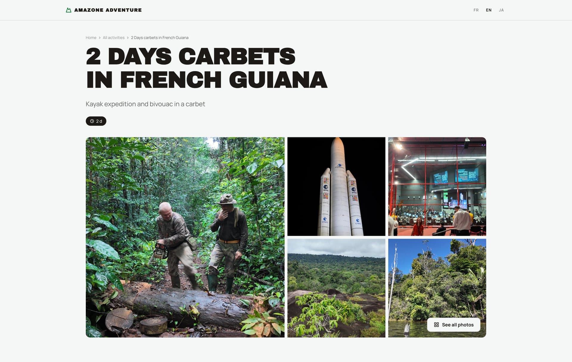 An activity page on the Amazone Adventure website, built with Dewex