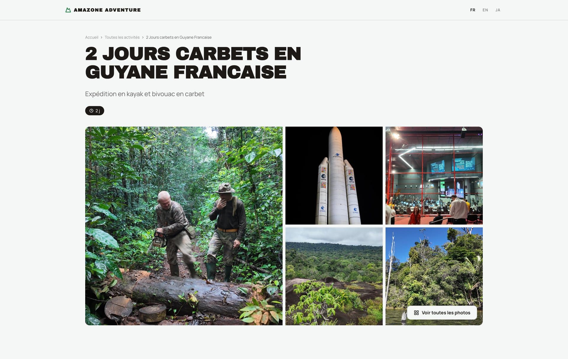 La page d’une sortie sur le site d’Amazone Adventure, généré avec Dewex