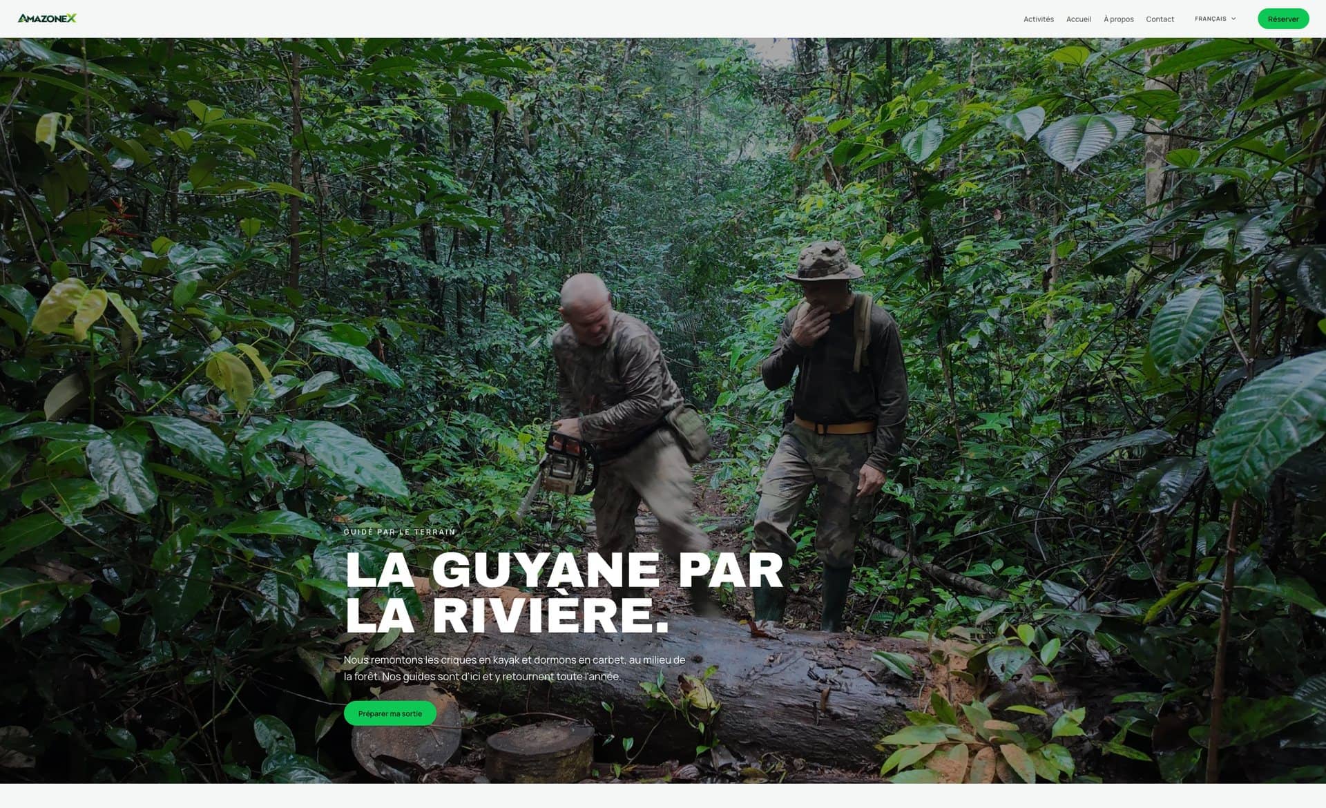 L’accueil du site d’Amazone Adventure, un opérateur de Guyane, généré avec Dewex