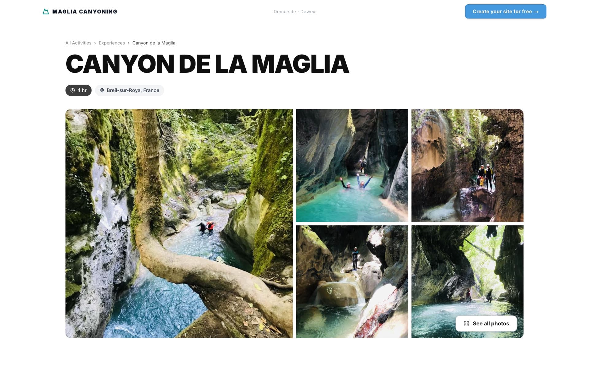The Canyon de la Maglia activity page, a demo built with Dewex: title, duration, location and photo mosaic