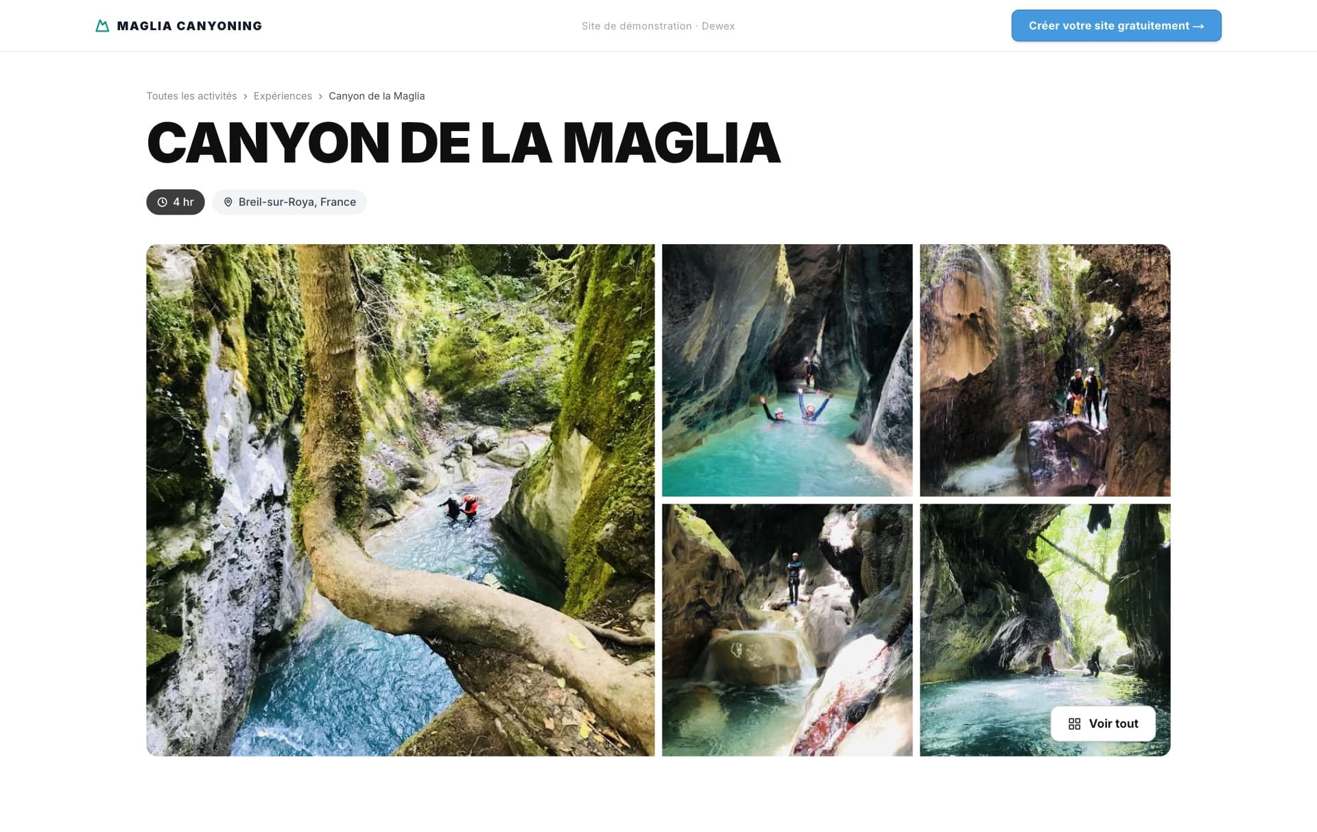 La page de l’activité Canyon de la Maglia, démo générée avec Dewex : titre, durée, lieu et mosaïque de photos