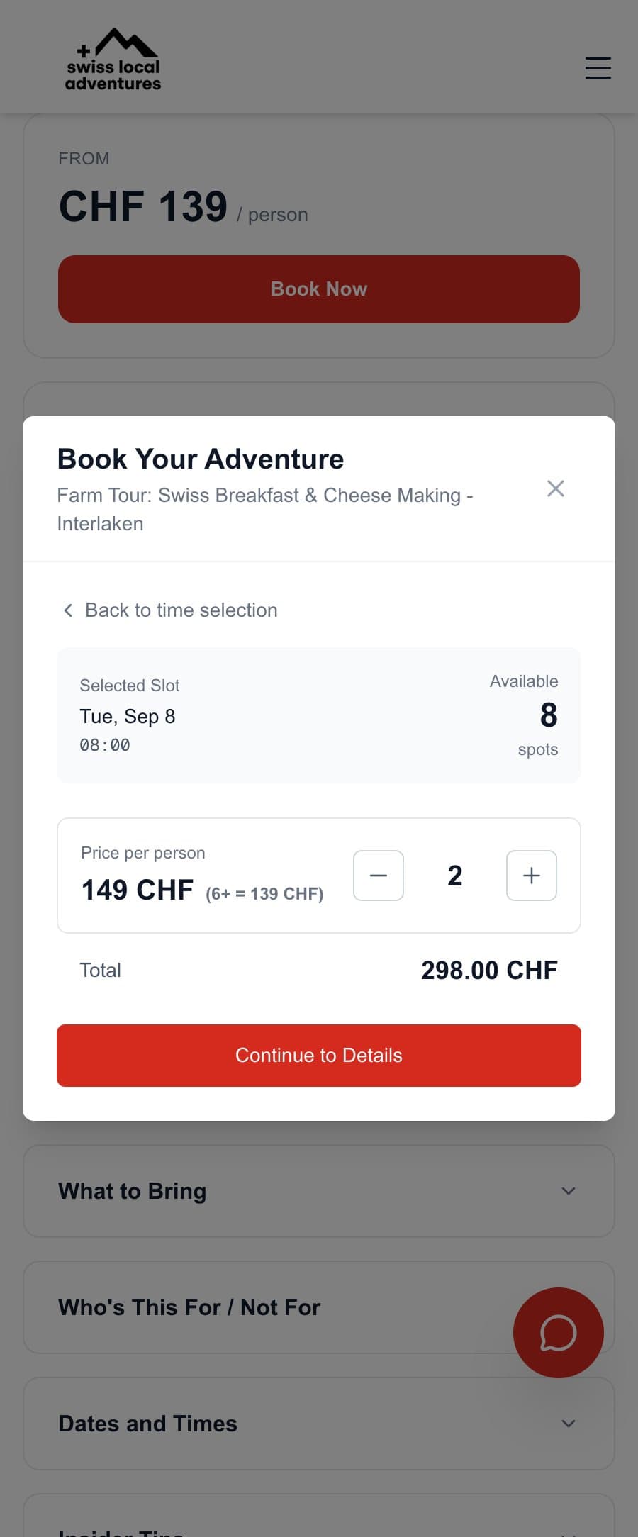 The booking step on mobile: chosen slot, price per person, total and confirm button