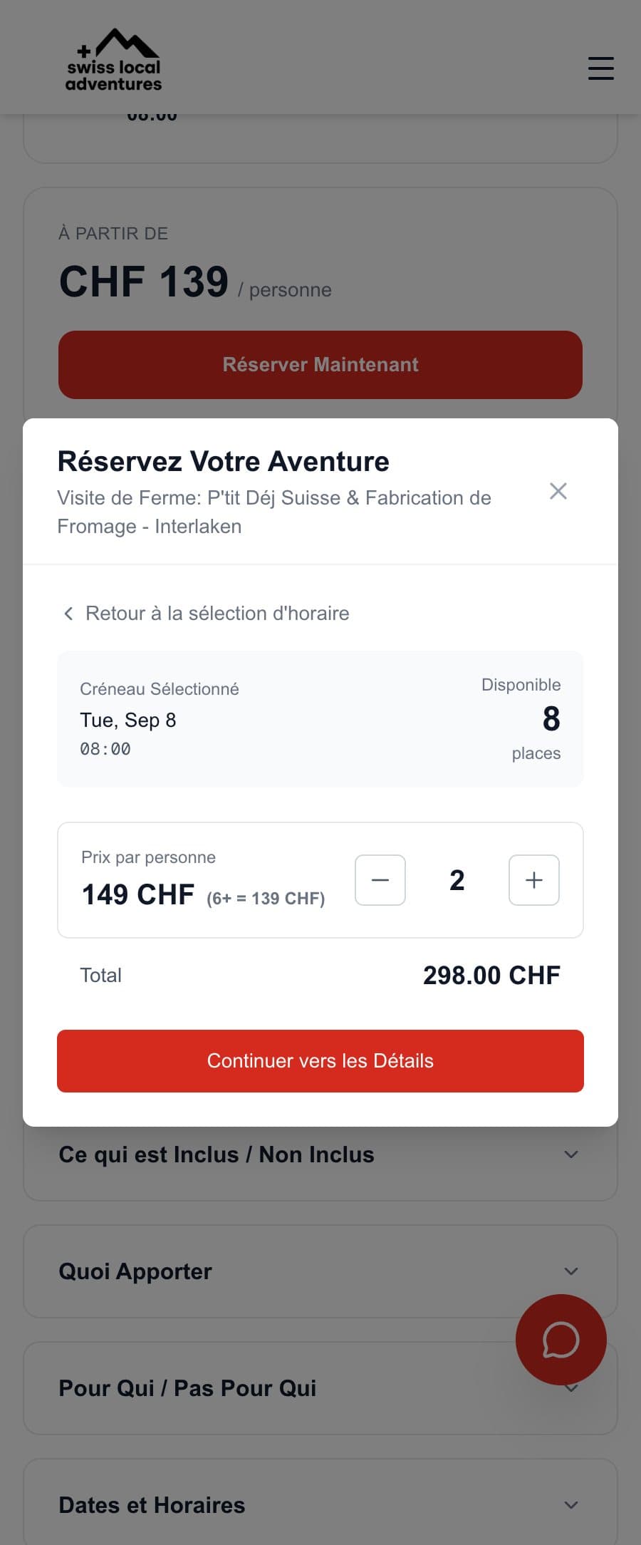 L’étape de réservation sur mobile : créneau choisi, prix par personne, total et bouton de validation