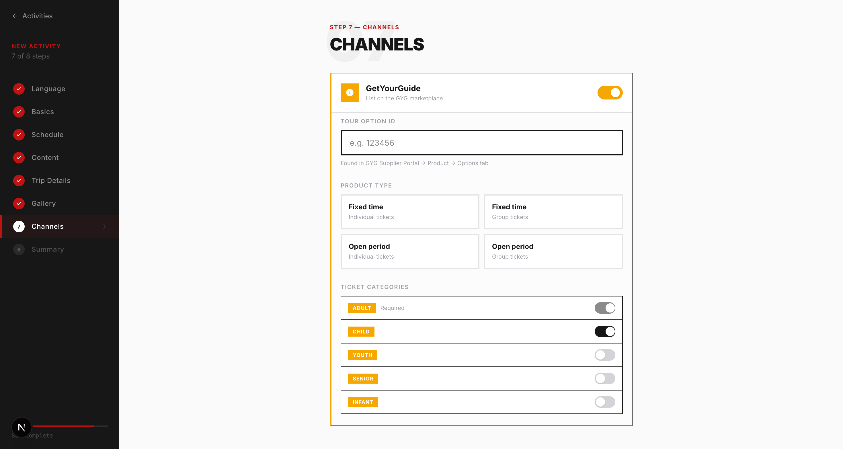Dewex wizard Step 7 — GYG enabled with fields