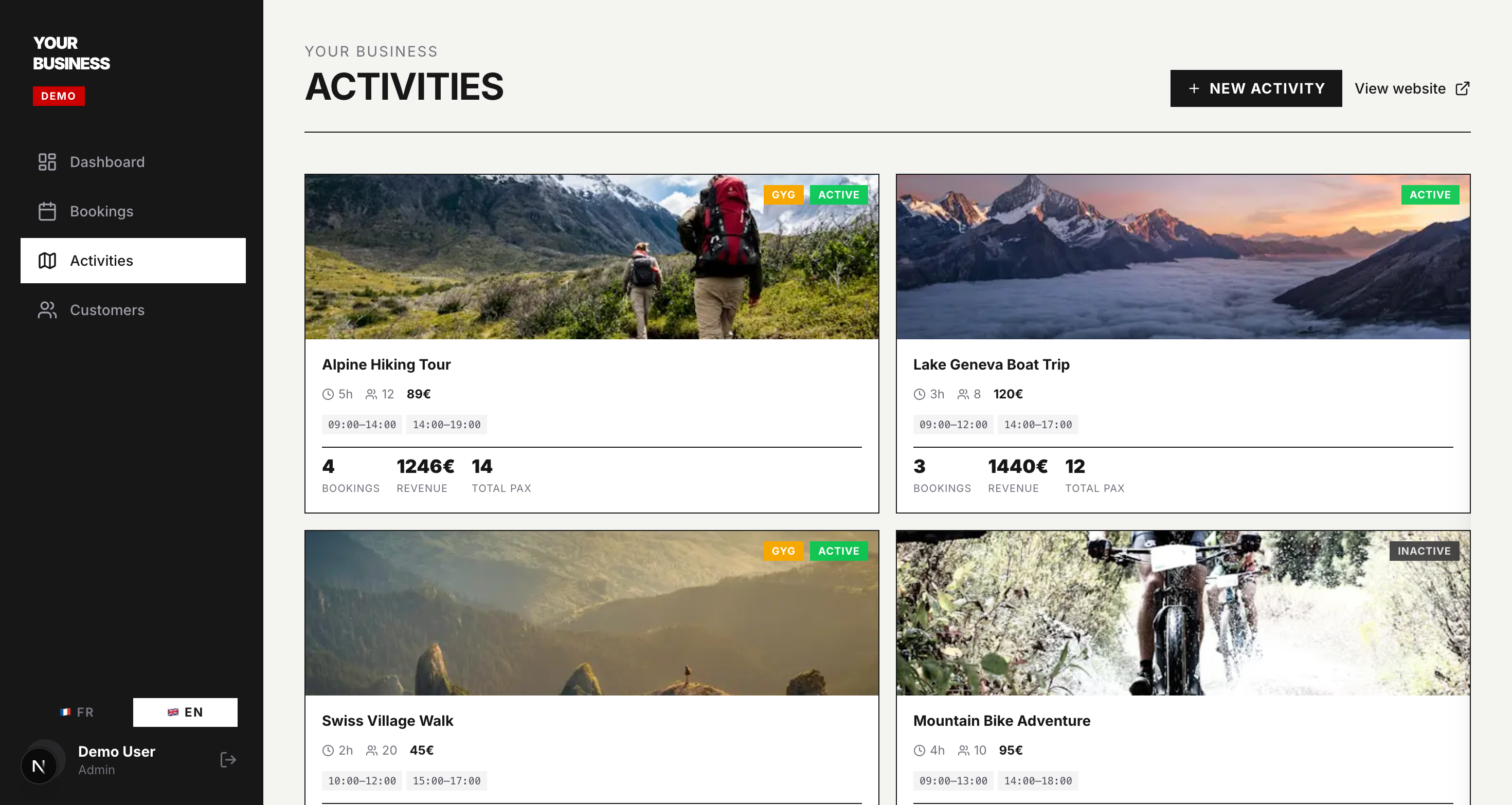 Dewex activities dashboard with GYG badge